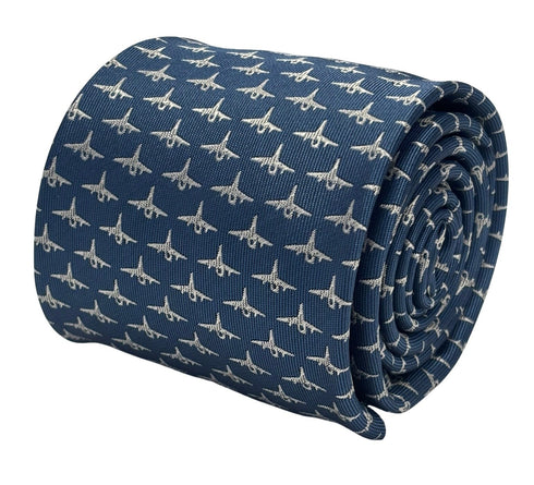 medium denim blue tie with fighter aeroplane design